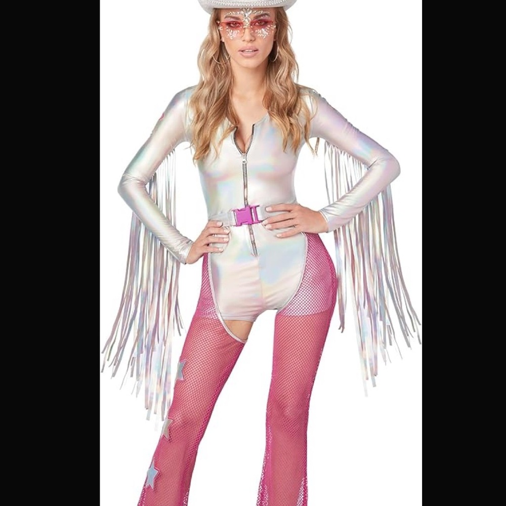 NWT SPIRIT HALLOWEEN “Space Cowgirl Holographic Fringe Bodysuit with Pink Chaps